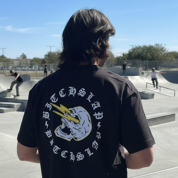 Person wearing a Bitchslap t-shirt in skate park