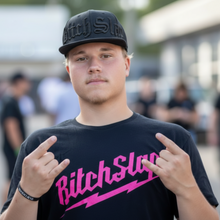 Load image into Gallery viewer, Bitchslap Jumbo 3D Old English Embroidery Flat Brim Snap Back Trucker - Black
