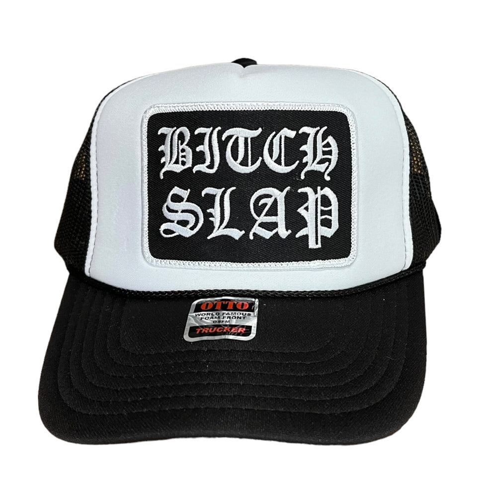 White Old English Stacked BW Trucker Hat