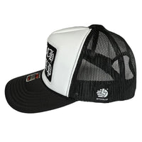 White Old English Stacked BW Trucker Hat