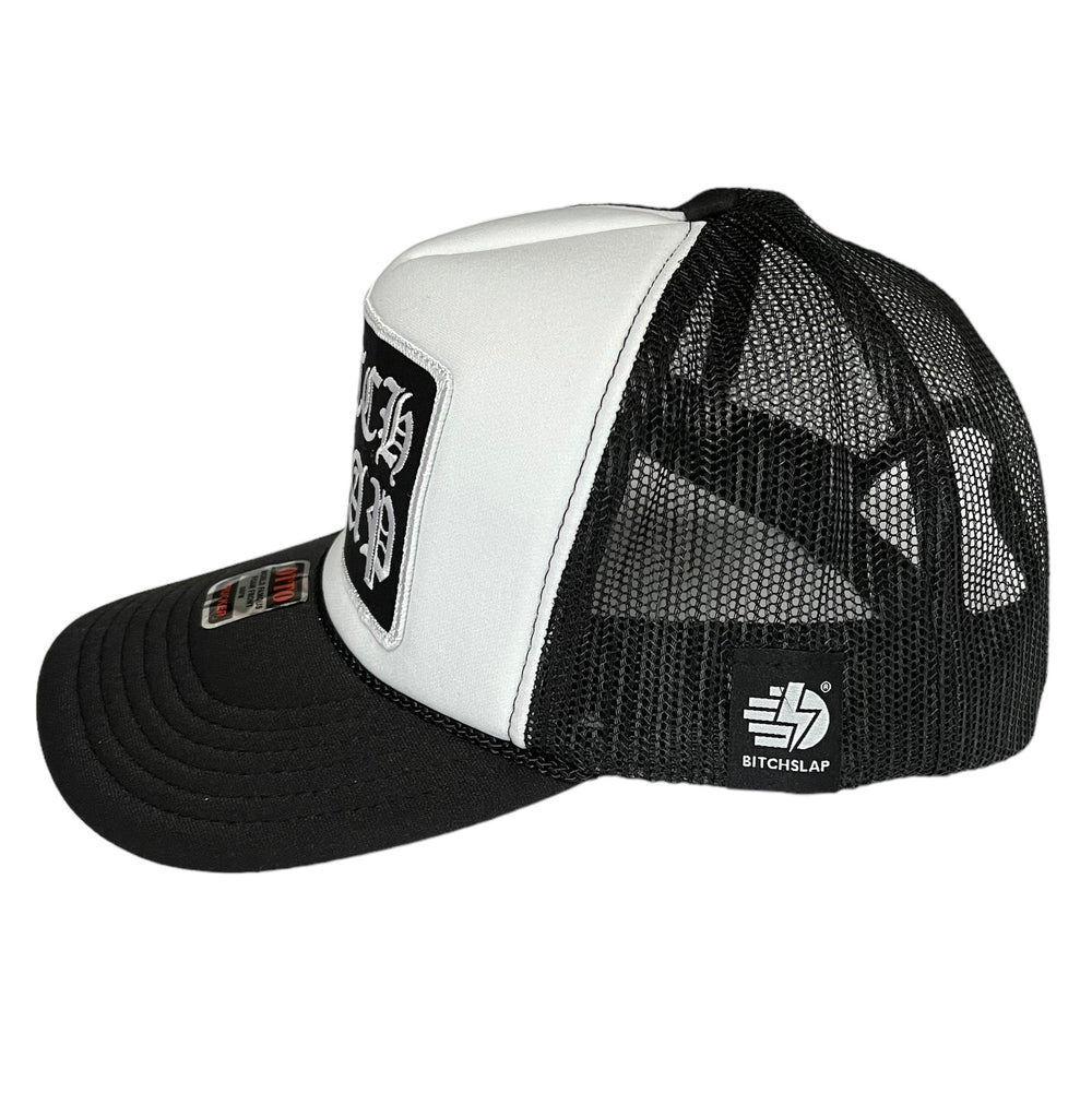 Fuchsia Old English Stacked BW Trucker Hat
