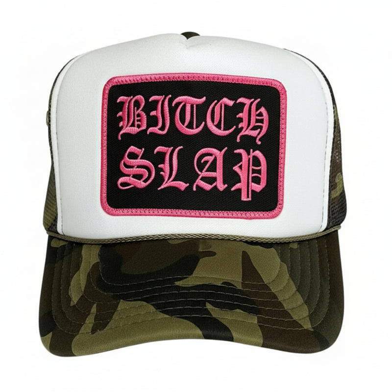 Fuchsia Old English Stacked Camouflage Trucker Hat nutrition facts