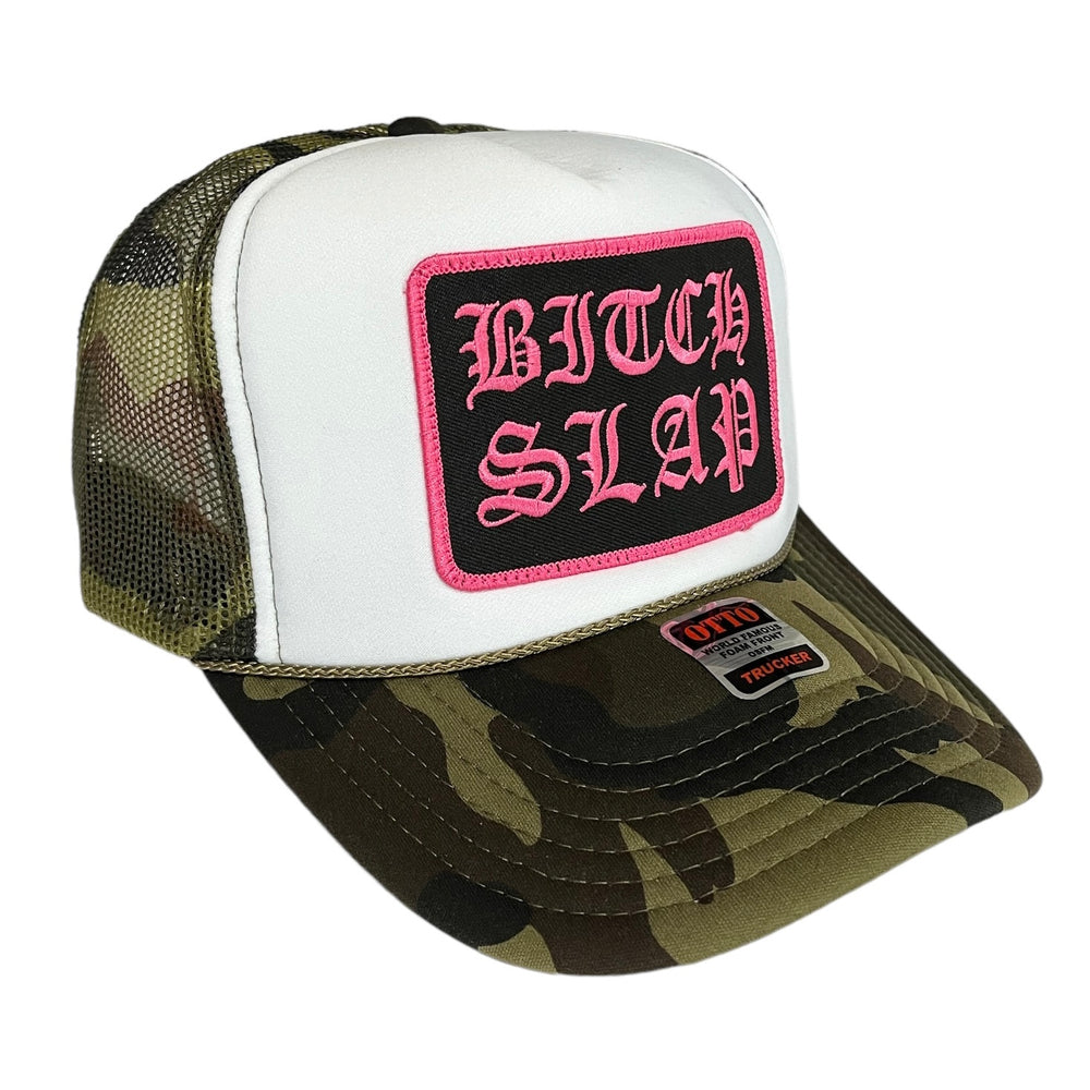 Fuchsia Old English Stacked Camouflage Trucker Hat