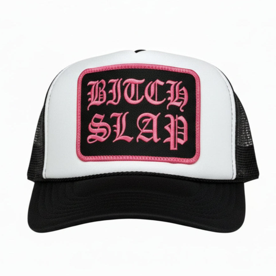 Fuchsia Old English Stacked BW Trucker Hat