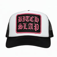 Fuchsia Old English Stacked BW Trucker Hat
