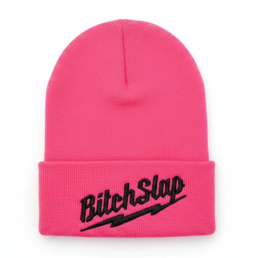 Bitchslap Big Bolt Beanie Hot Pink - Black Embroidery