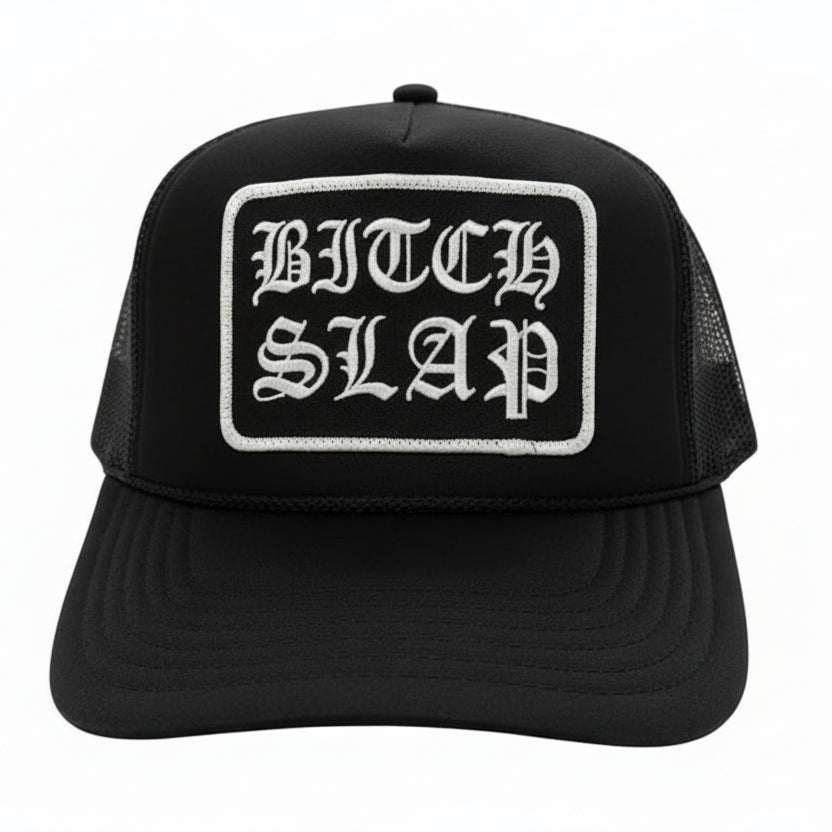 White Old English Stacked Black Trucker Hat