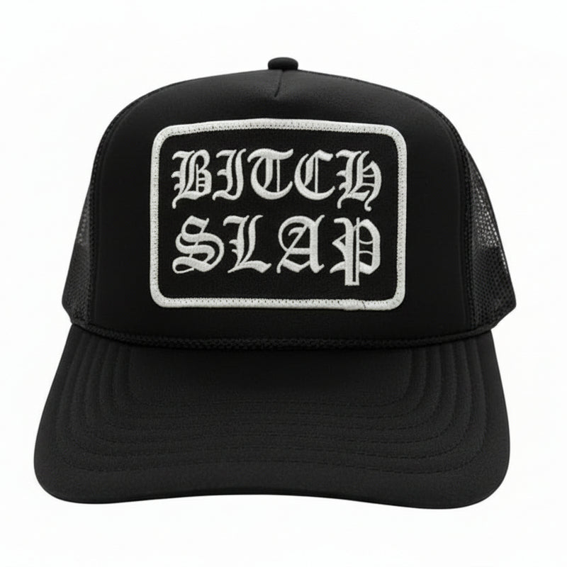 White Old English Stacked Black Trucker Hat