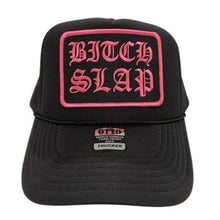 Load image into Gallery viewer, Fuchsia Old English Stacked Black Trucker Hat
