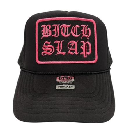 Fuchsia Old English Stacked Black Trucker Hat