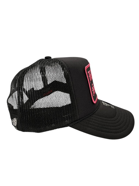 Fuchsia Old English Stacked Black Trucker Hat nutrition facts