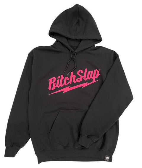 A black hoodie with a pink 'BITCHSLAP' text logo on the front.