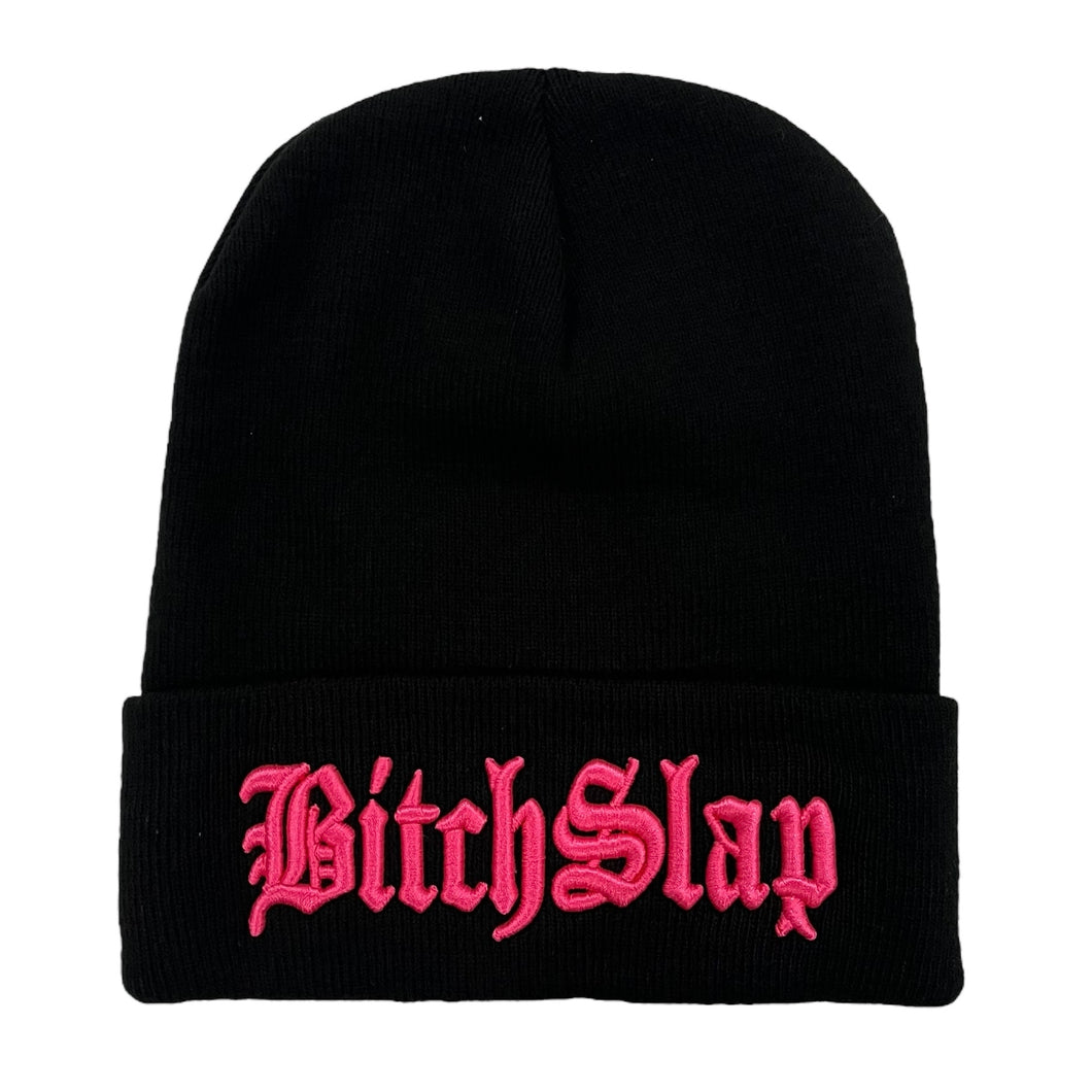 BITCHSLAP Old English Fuchsia 3D Embroidery Roll up Beanie