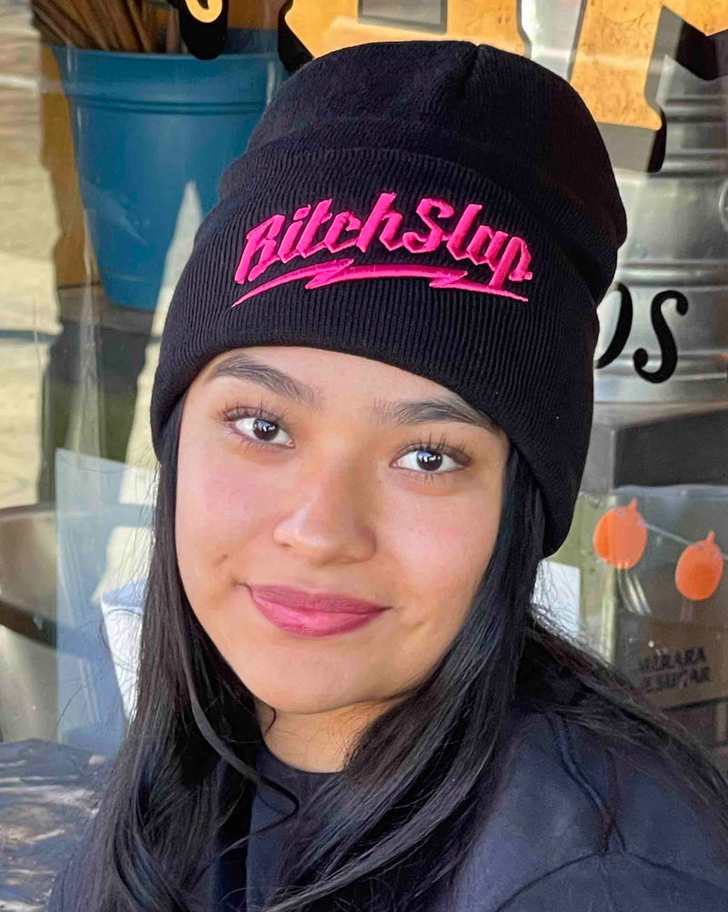 Bitchslap Big Bolt Beanie Black - Hot Pink Embroidery