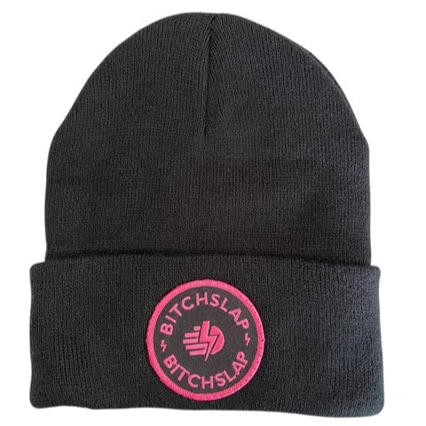 Circle Handbolt Fuchsia Embroidered Roll up Black Beanie