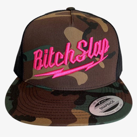 Fuchsia Big Bolt 3D Embroidered Camo Flat Brim Snapback Trucker