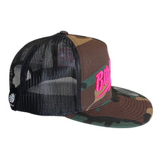 Load image into Gallery viewer, Fuchsia Big Bolt 3D Embroidered Camo Flat Brim Snapback Trucker
