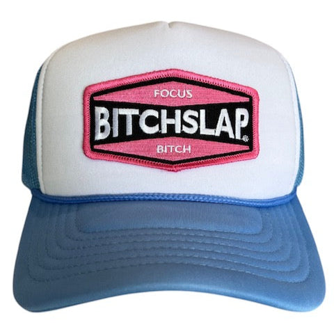 Pink Indi Embroidered logo Baby Blue trucker hat