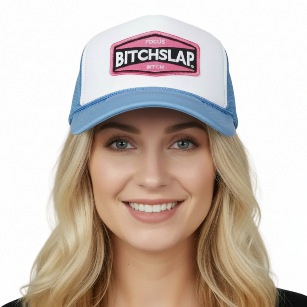 Pink Indi Embroidered logo Baby Blue trucker hat