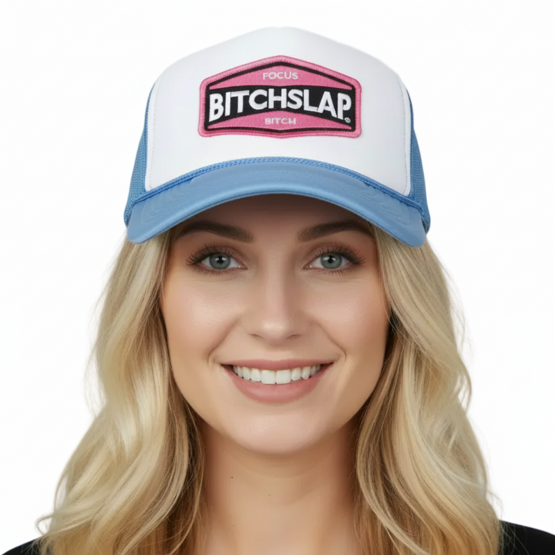 Pink Indi Embroidered logo Baby Blue trucker hat nutrition facts