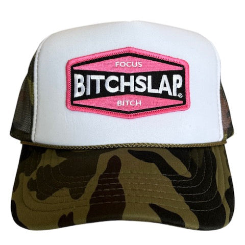 Pink Indi Embroidered logo on Camo trucker hat