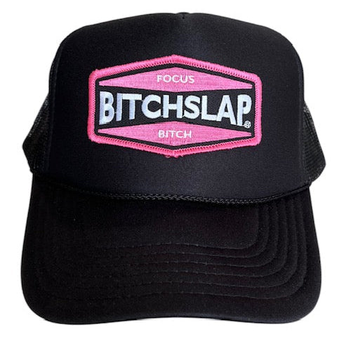 Pink Indi Embroidered logo Solid Black trucker hat