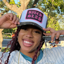 Load image into Gallery viewer, Fuchsia Old English Stacked Camouflage Trucker Hat
