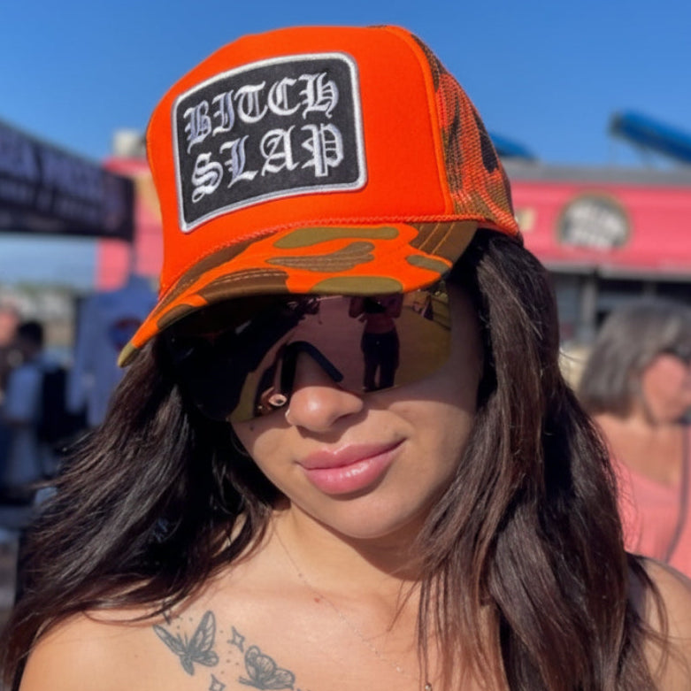 Bitchslap Old English stacked Orange Camo Trucker