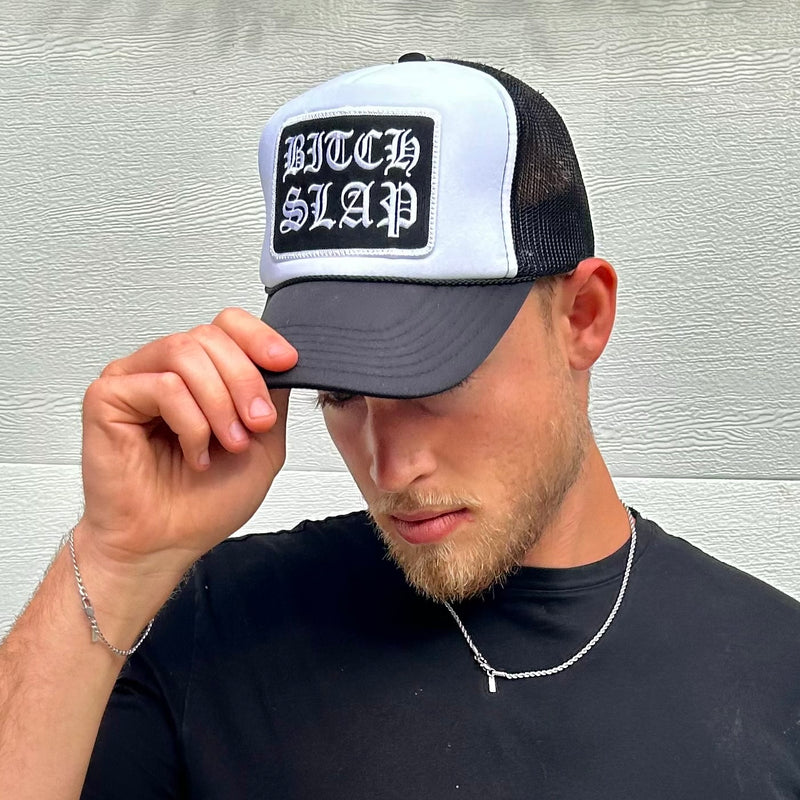 White Old English Stacked BW Trucker Hat