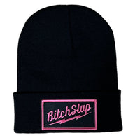 BITCHSLAP Big Bolt Patch Knit Beanie Blk Fuchsia