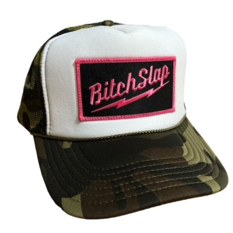Bitchslap Fuchsia Big Bolt Camou Trucker hat